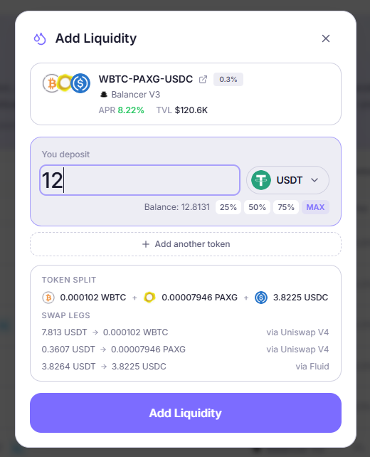 SwapWizard: adding liquidity to a three-token pool from USDT alone, in a single atomic transaction.